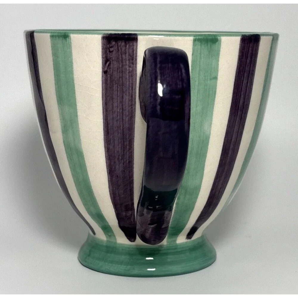 Pier 1 Coffee Mug Green & Purple Striped Hand Painted Stoneware Footed 16 oz GUC